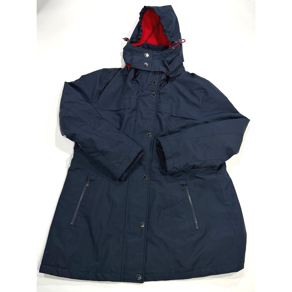 London Fog Mens XL Navy Blue Hooded Parka Jacket Coat Red Fleece Lining 134089